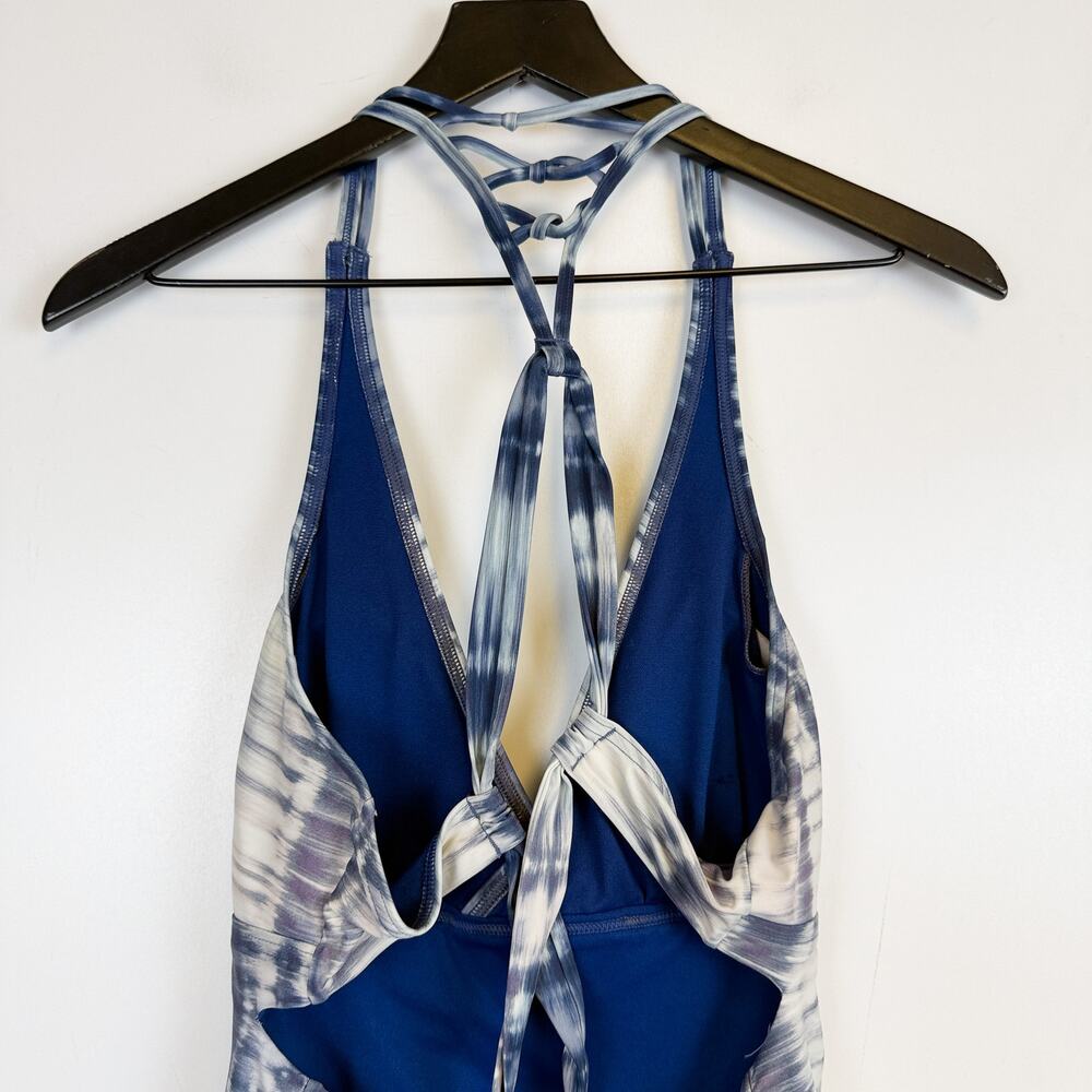 Prana Womens One Piece Swim Suit Blue White Tie Dye Strappy Back - L - Picture 6 of 9
